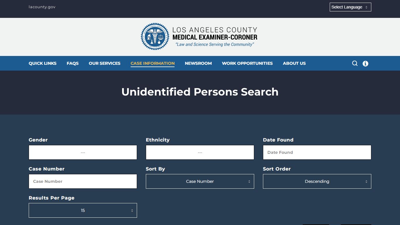 Unidentified Persons Search – Medical Examiner-Coroner